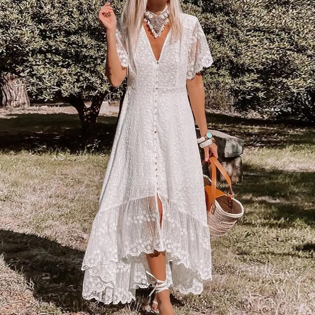 

Женское однотонное платье с вышивкой, кружевное пляжное платье с коротким рукавом, женский сарафан с V-образным вырезом и широким подолом, л...