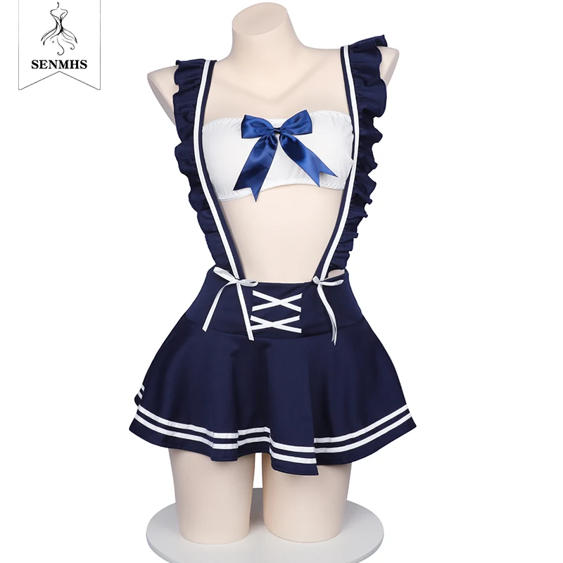 

SENMHS Sexy Schoolgirl Lingerie Cosplay Costumes With Mini Pleated Skirt Sailor Kawaii Sweet Bow Japanese JK Uniform Set