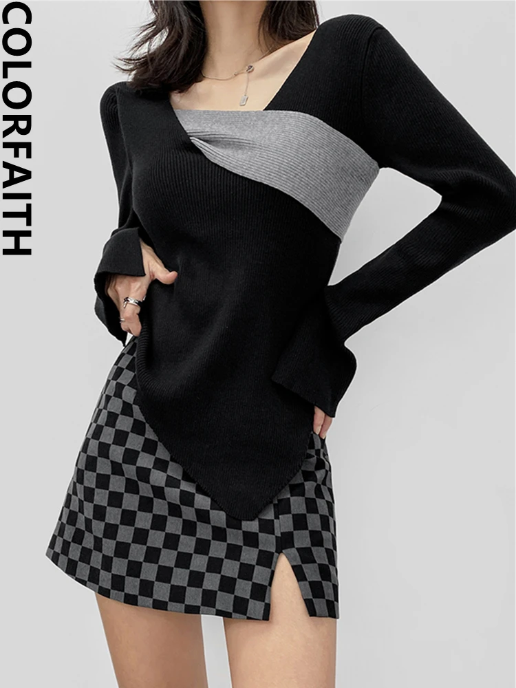 

Colorfaith Новинка 2022, шикарные корейские модные облегающие свитера, Необычные вязаные женские осенне-зимние элегантные женские топы SW3549JX