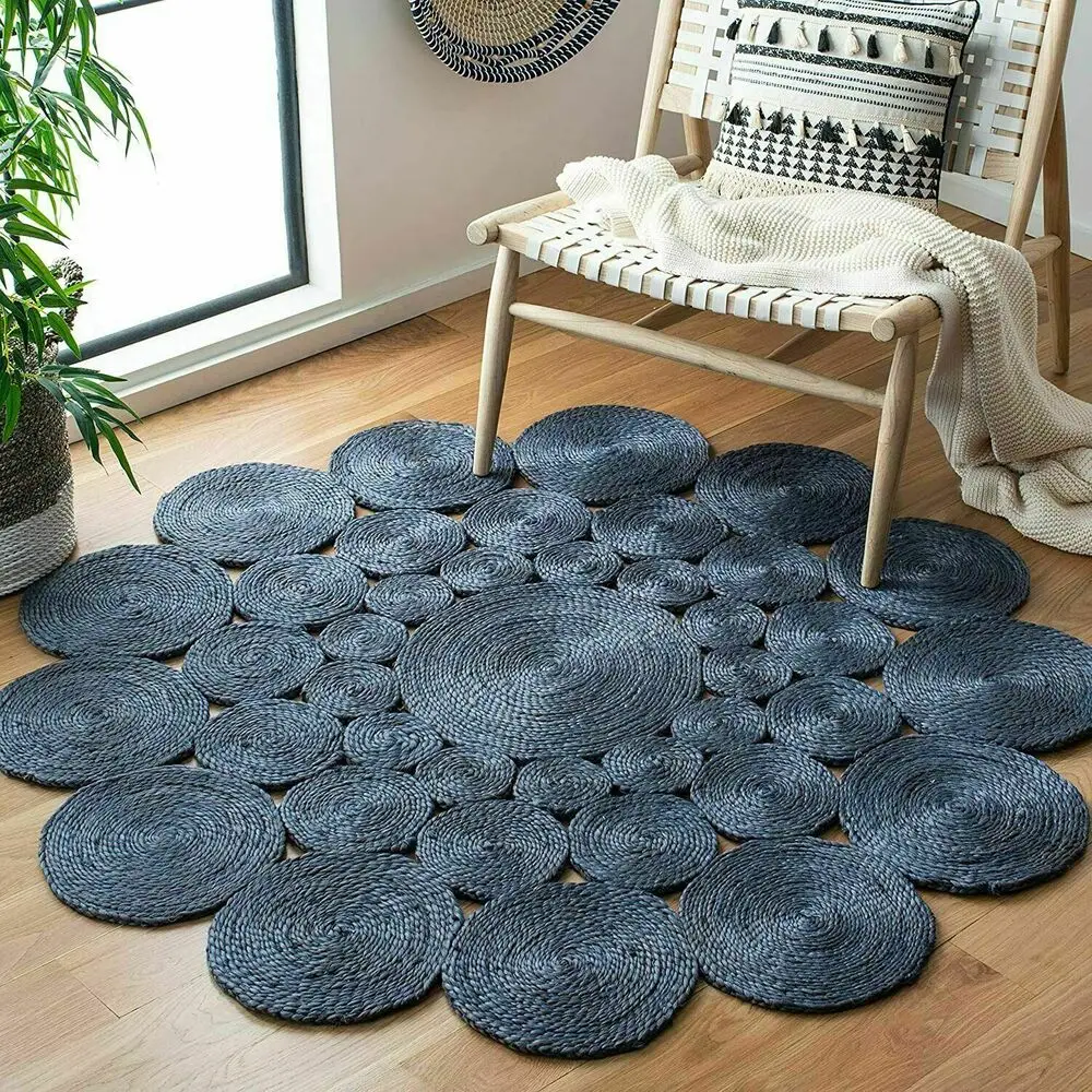 Rug Jute Round Natural Blue Jute Reversible Rug Braided Modern Style Floor Rug- bedroom decor  carpet  rugs for bedroom