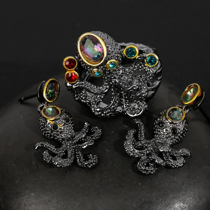 

Hot Sale Classic Black Octopus Colorful Crystal Alloy Ring Earring Jewelry Set for Women Party Wedding Accessories