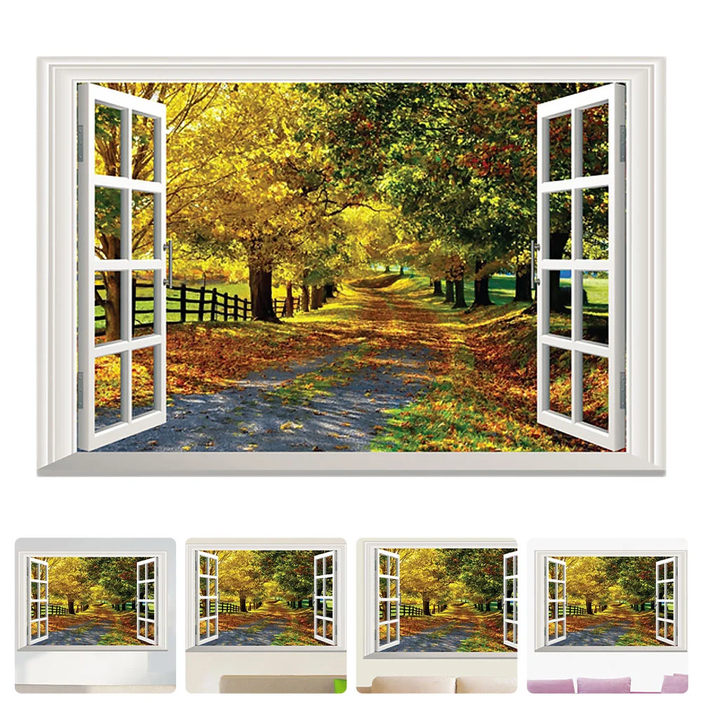 

Window Sticker Wall 3D Faux Landscape Decals Fake Scenery View Decal Forest Windows Stickers Decor Wallpaper Trees Green Tree