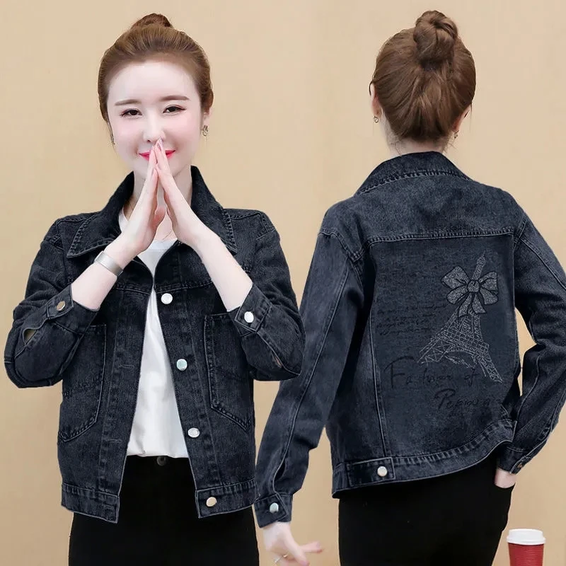 

2022 Spring Autumn New Denim Jacket Womens Korean Loose Versatile Casual Jeans Jackets Women Large Size Short Print Outerwear