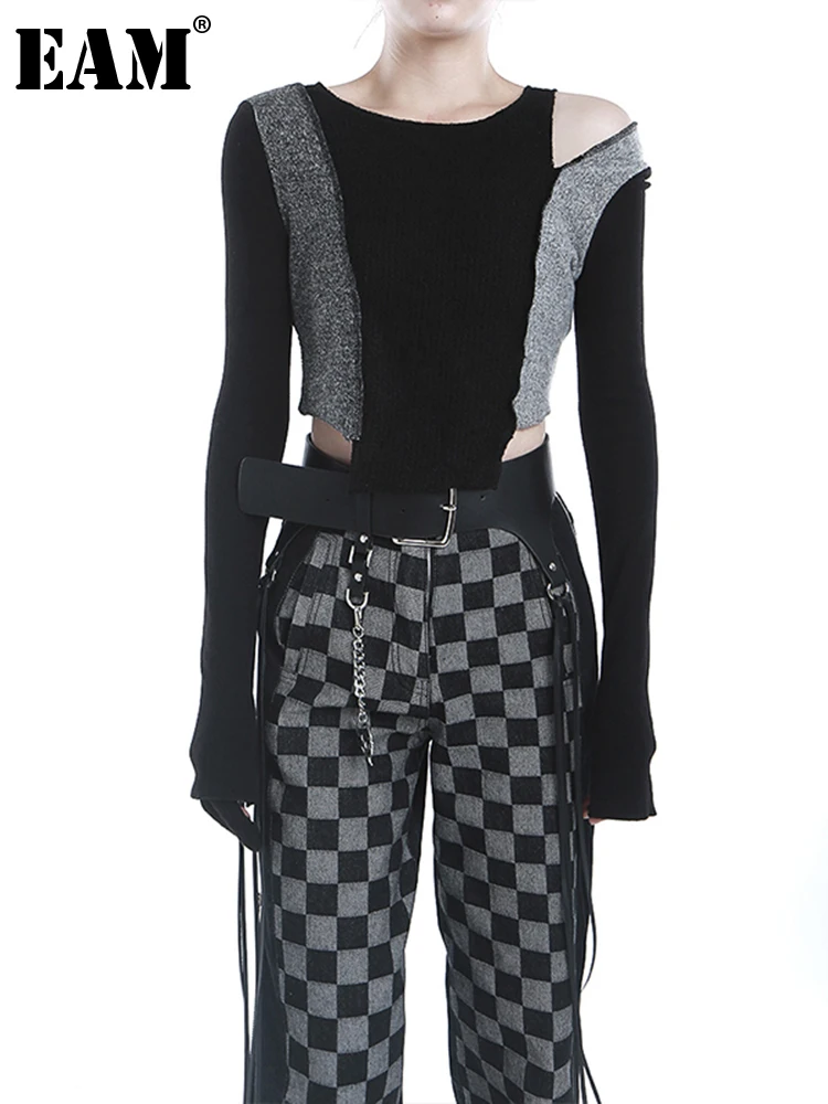 

[EAM] Women Black Gray Off Shoulder Slim Knitting T-shirt New Round Neck Long Sleeve Fashion Tide Spring Autumn 2022 1DE4352