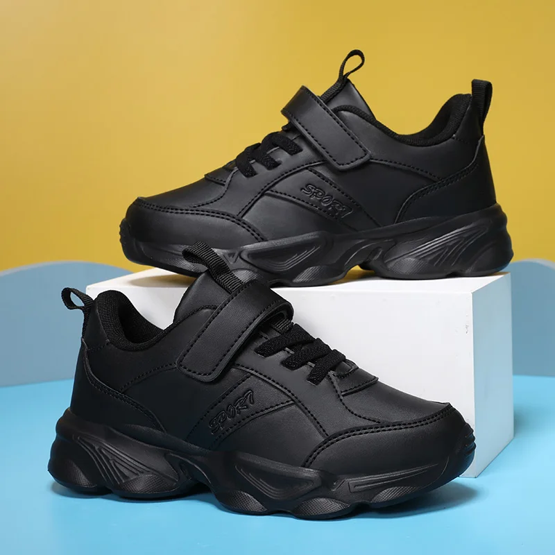 Black Pu Leather Sports Shoes For Boy Girls White Shoes Scho
