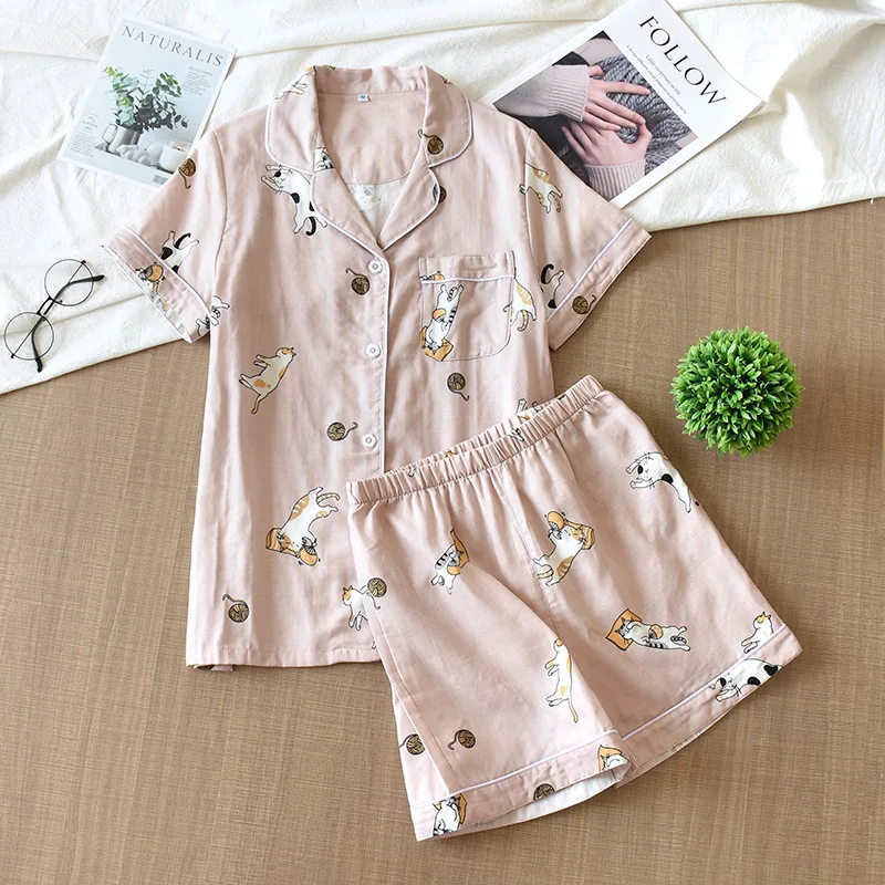 2023 New 100% Cotton Short-sleeved Shorts Ladies Pajamas Set Cute Cartoon Pajamas Japanese Simple Short Pajamas Sleepwear Women