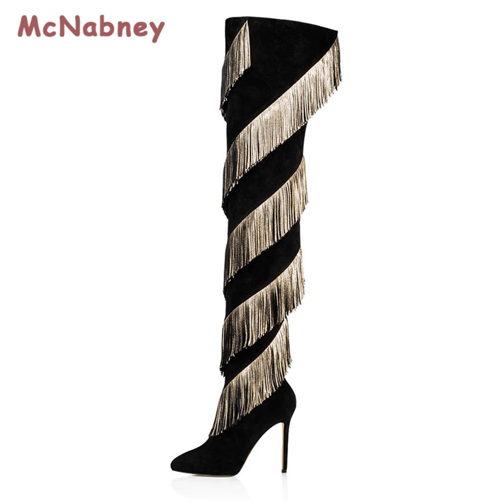 Fashion Women Over The Knee Boots Fashion Sexy Pointed Toe Stilettos Heels Golden Tassel Knee High Boots Slim Tassel Shoes