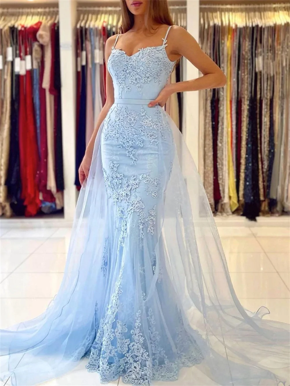 

2022 Vkiss Mermaid Light Blue Lace Long Prom Dress Formal Gown Spaghetti Sweetheart Elegant Appliques Sweep Train Party Evening