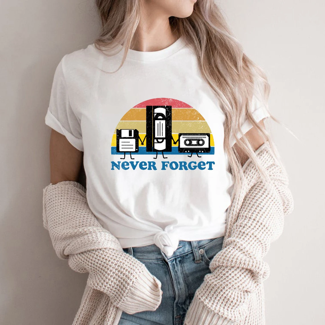 

Rheaclot Never Forget Floppy Disk Tape Graphic T-shirt Round Neck Tee
