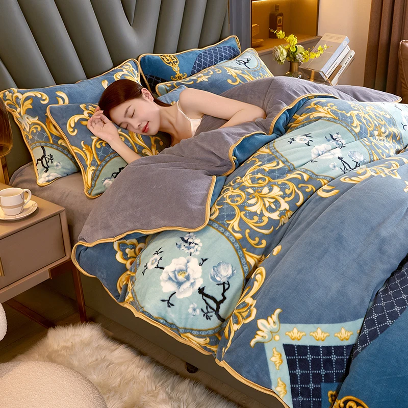 

Print flowers Winter Flannel Quilt Cover Soft Warm Thick Milk Fleece Comforter Cover Thickening Warm Duvet Bedding Cover