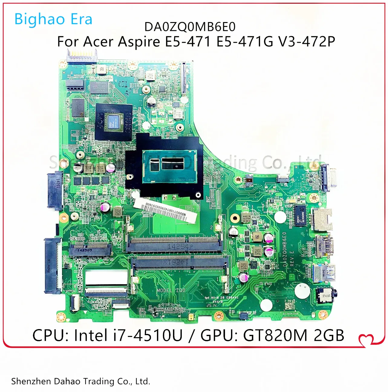 

Для ноутбука Acer Aspire V3-472 E5-471 E5-471G V3-472P, материнская плата DA0ZQ0MB6E0 с процессором I7-4510U GT820 2 Гб GPU бортовой