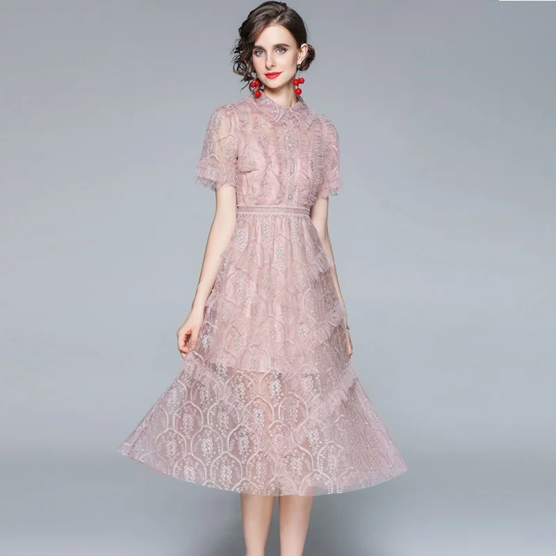 

2022 New Fashion Summer Runway Elegant Party Dress Women Short Sleeve Ruffles Pink Mesh Embroidery Midi Dress Vestidos
