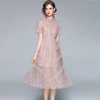 2022 new fashion summer runway elegant party dress women short sleeve ruffles pink mesh embroidery midi dress vestidos