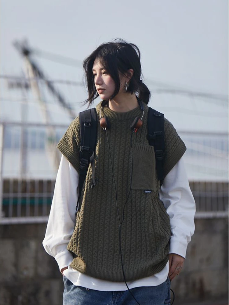 

Японский винтажный вязаный жилет с круглым вырезом без рукавов, однотонные повседневные свободные женские свитера с карманами, универсаль...