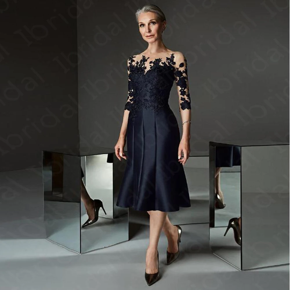 

Gorgeous Mother of the Bride Dresses A Line Illusion Bodice Satin Wedding Guest Dress Applique Sleeves Tea Length Formal Gowns