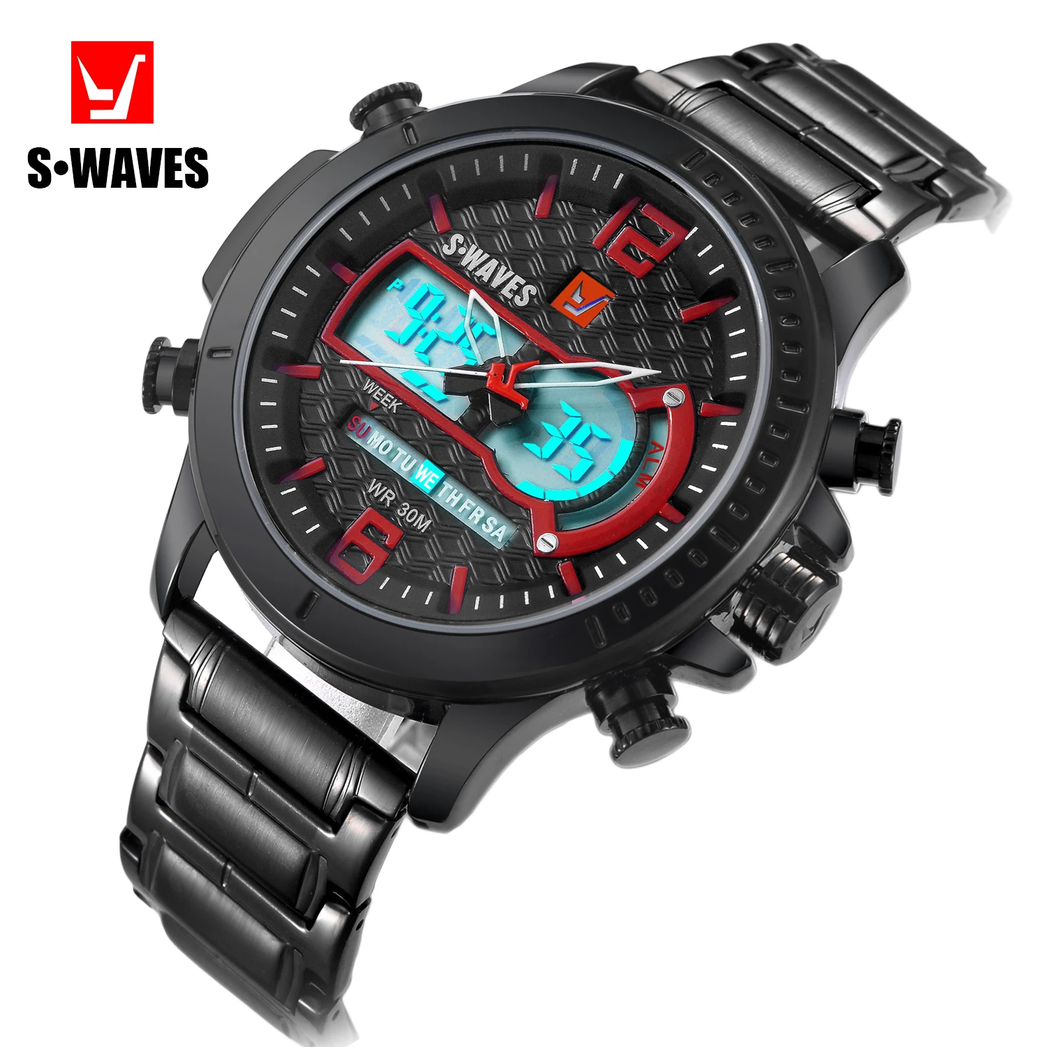 

S-waves Luxury Brand Casual Waterproof Dual Display Leather Strap Quartz Movement Electronic Watch for Men SW2072S