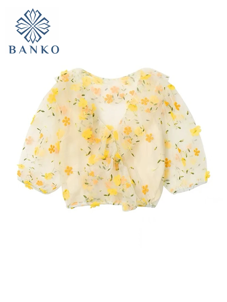 

Women Shirt Perspective Mesh Spliced Chiffon Peter Pan Collar Gauze Blouses Summer New Flowers Crop Tops Slim Puff Sleeve Blouse