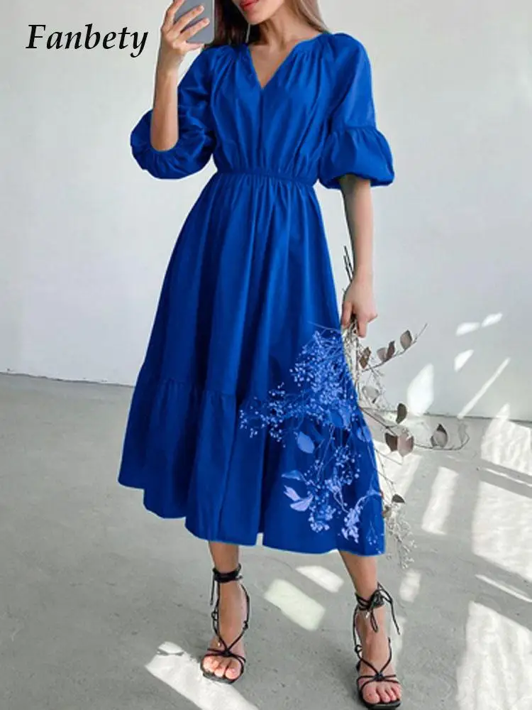

Elegant Solid Color Lantern Short Sleeves Long Dress Fashion V Neck Waisted Pleated Big Hem Dress Women Blue Elastic Waist Dress