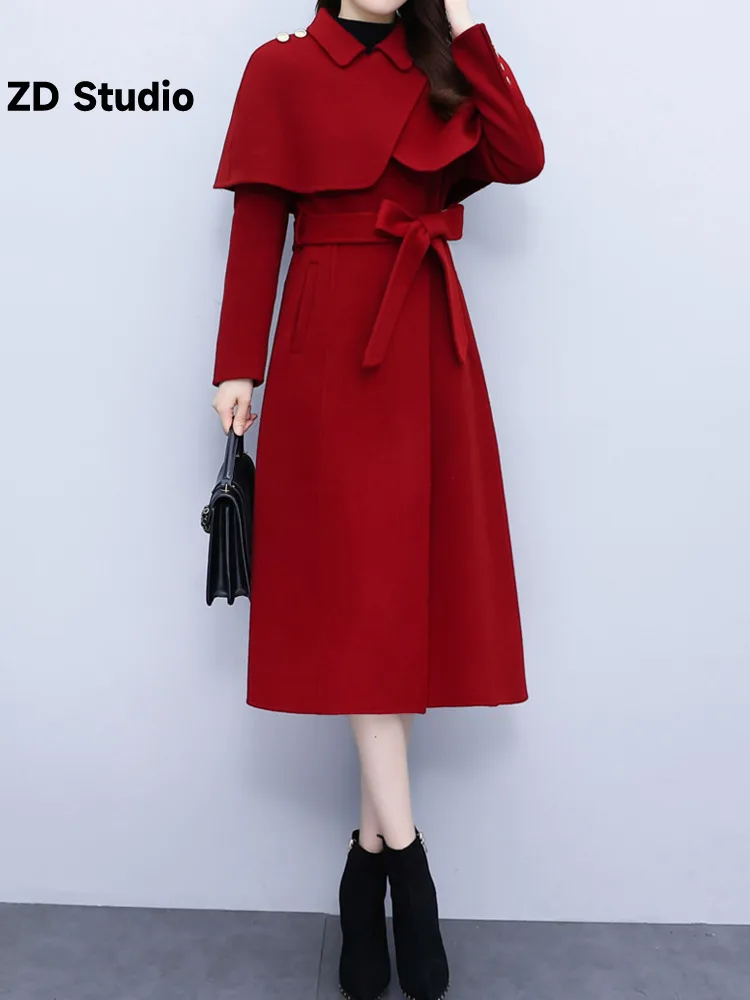 

[ZD Studio] 2023 осень-зима новая французская шаль двустороннее шерстяное пальто женское стандартное длинное пальто