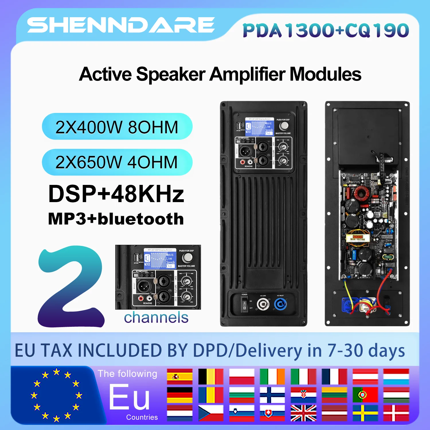 ShennDare PDA1300+CQ190 Профессиональный DSP усилитель 2x400W 8OHM Модуль сабвуфера DJ 4x650W 4OHM