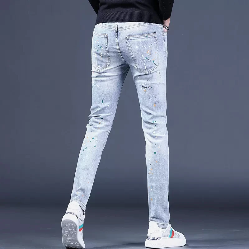 Ripped Patches Light Blue Jeans Men Autumn Slim Fit Straight Pants Streetwear Fashion Dots Printed Denim Trousers CP2011