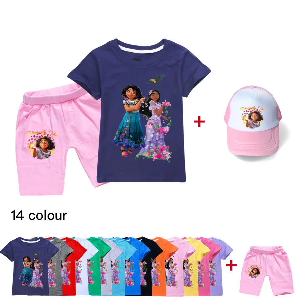 

2022 Disney Encanto Cartoon Print Summer Casual T-Shirt + Pants + Cap Girls Boys Streetwear Teen Kids Top Set 3pcs