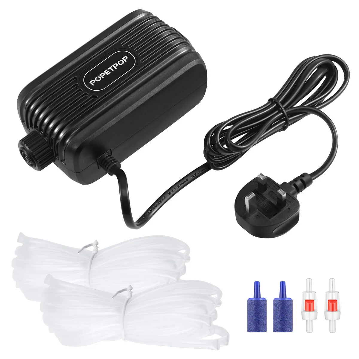 

POPETPOP Double Outlets Air Pump Aerator with Air Stone for Aquarium Tank Pond with UK Plug