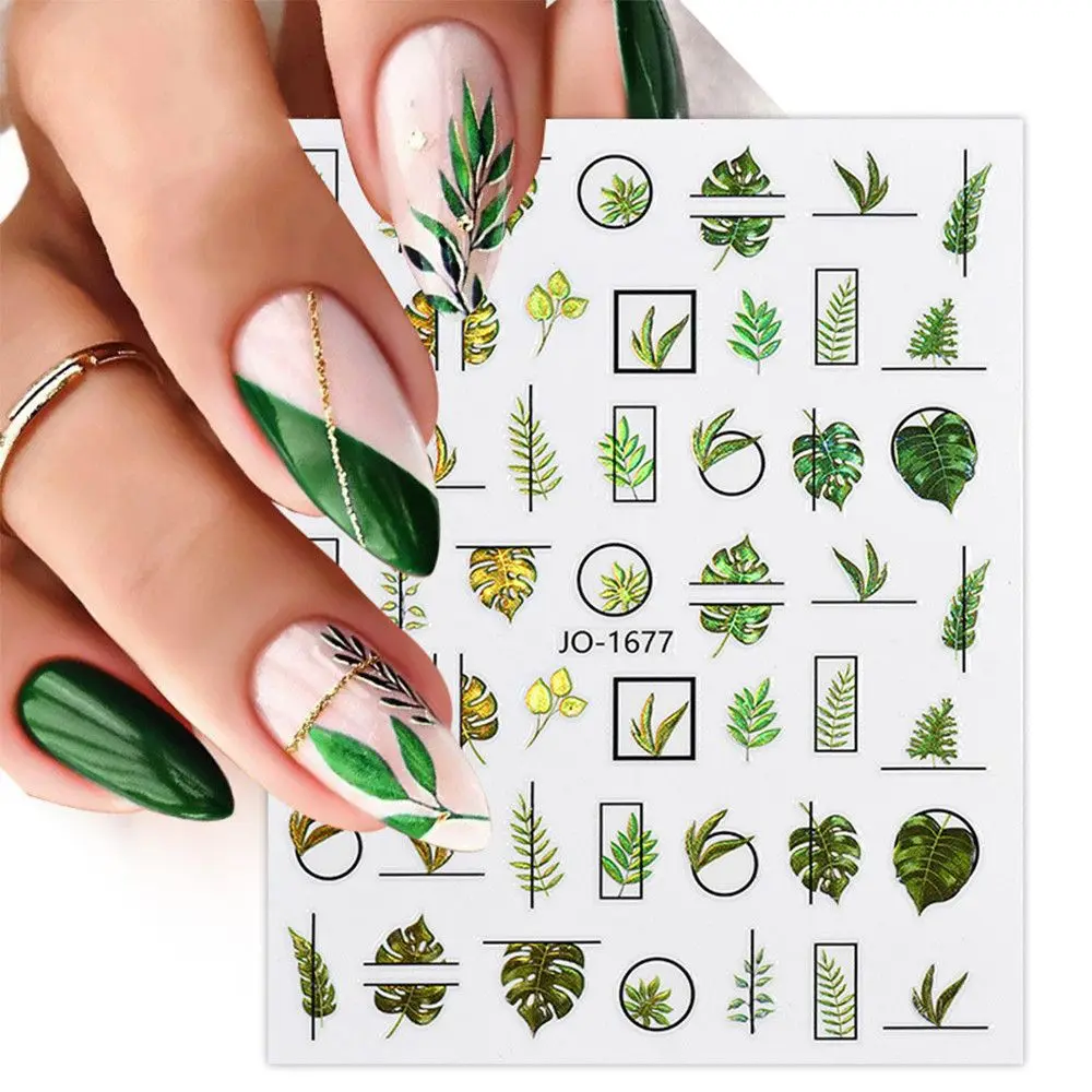 

1PC Spring Green Palm Flowers Leaves 3D Nail Stickers Self-Adhesive Slider Nail Art Decorations Geometry Leaf Decals Manicure
