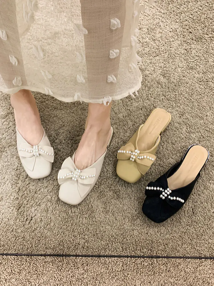

Square Toe Slippers Outdoor Wear Women's Shoes 2022 Spring New Bow Pearl Thick Heel Non-slip Fashion Muller Shoes