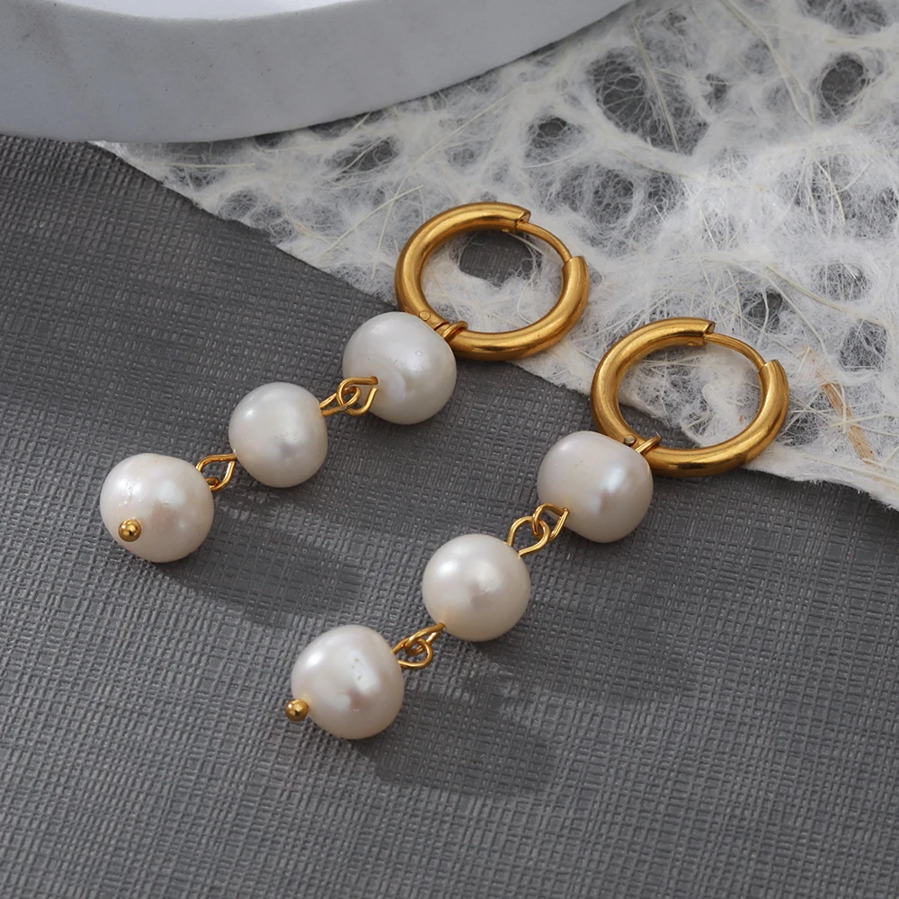 

Retro Vintage Stainless Steel Natural Freshwater Pearl Earrings Waterproof Non Tarnish For Ladies Women Dangle Earrings Jewelry