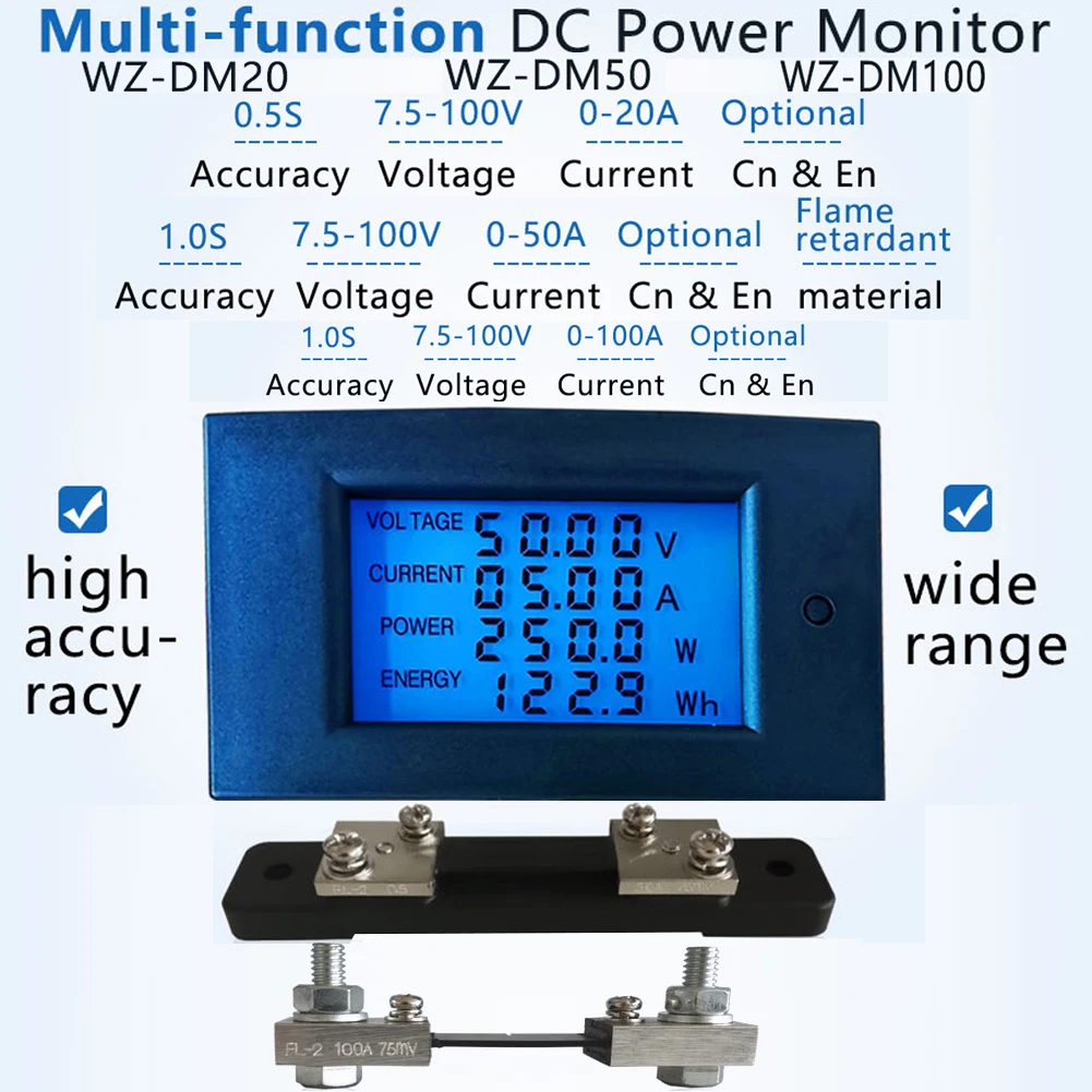 

DC 7.5-100V 20A/50A/100A LCD Display Digital Current Voltage Power Energy Meter Multimeter Ammeter Voltmeter with Shunt