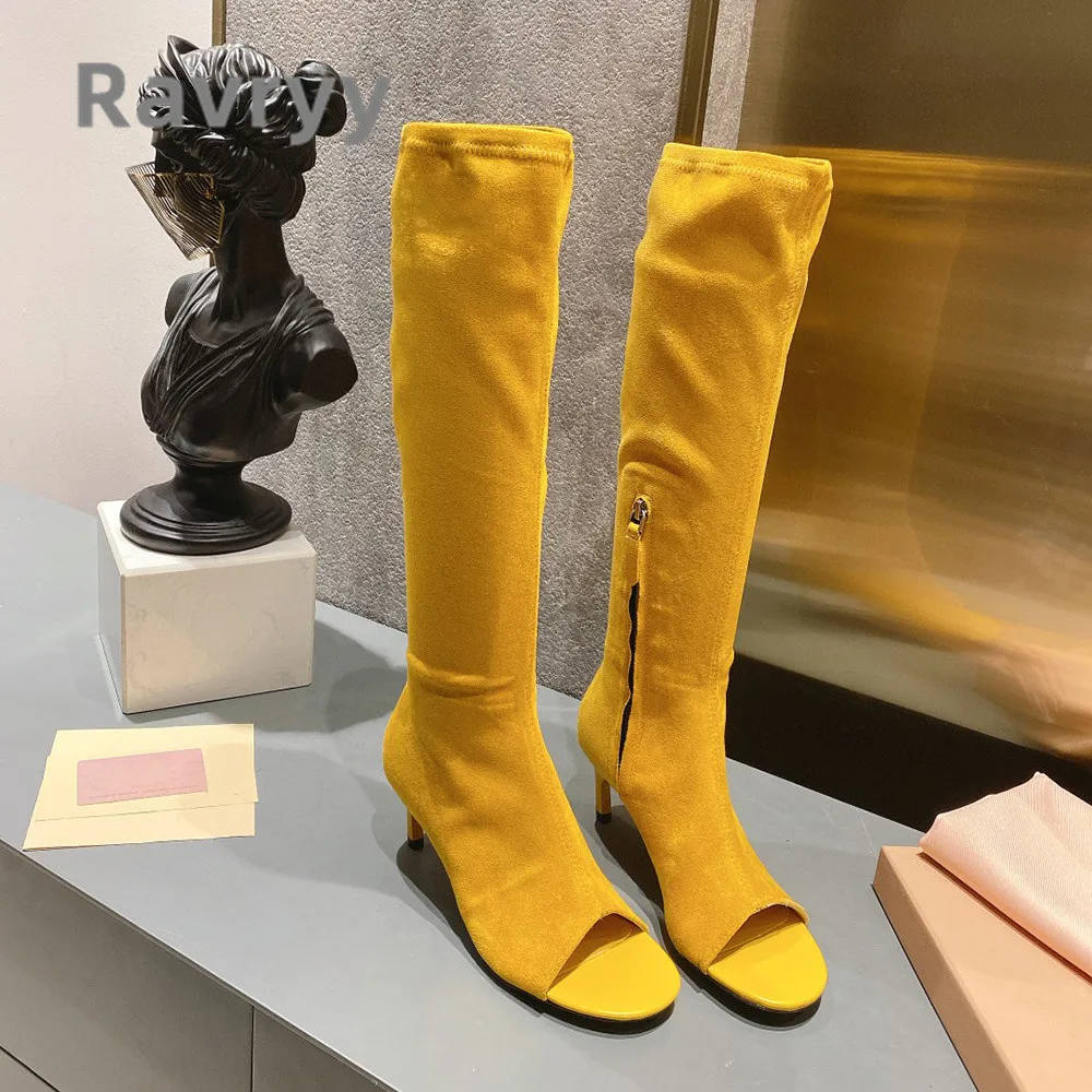 Knee Length Side Zipper Fashion Fishmouth Boots Kitten Heel Sewing Versatile and Concise Sheepskin Kid Suede Women's Boots