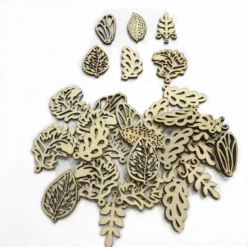 

20PCS 50MM Unfinished Blank Leaf Wood Tag Pendants Antique Wooden Cutouts Hanging Ornament Hollow Wooden Slices for Craft Making