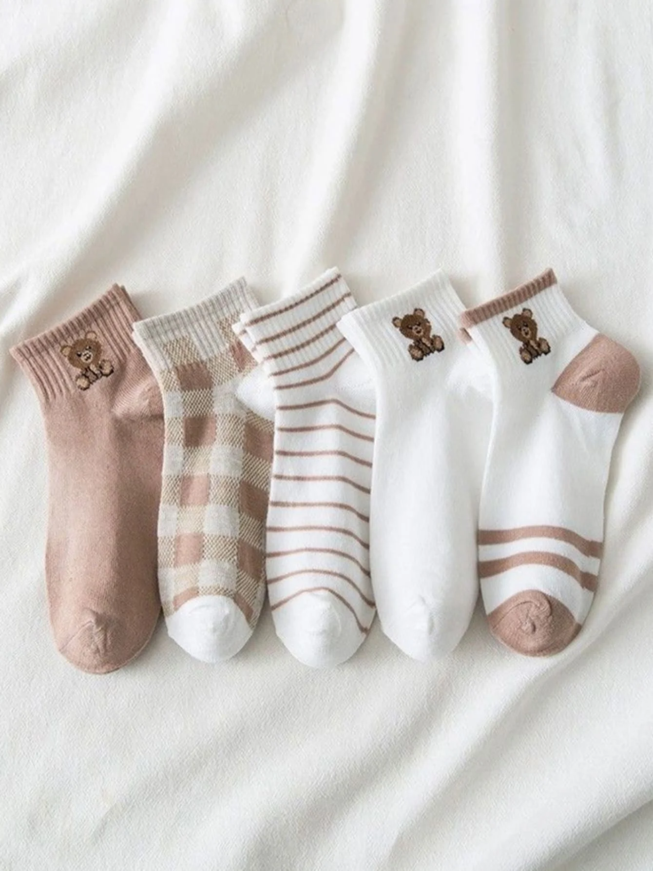 5 Pairs Low Tube Women Socks Set Striped Bear Pattern Cute Bear For Women Fashion Style Casual Comfortable For Famle Niche