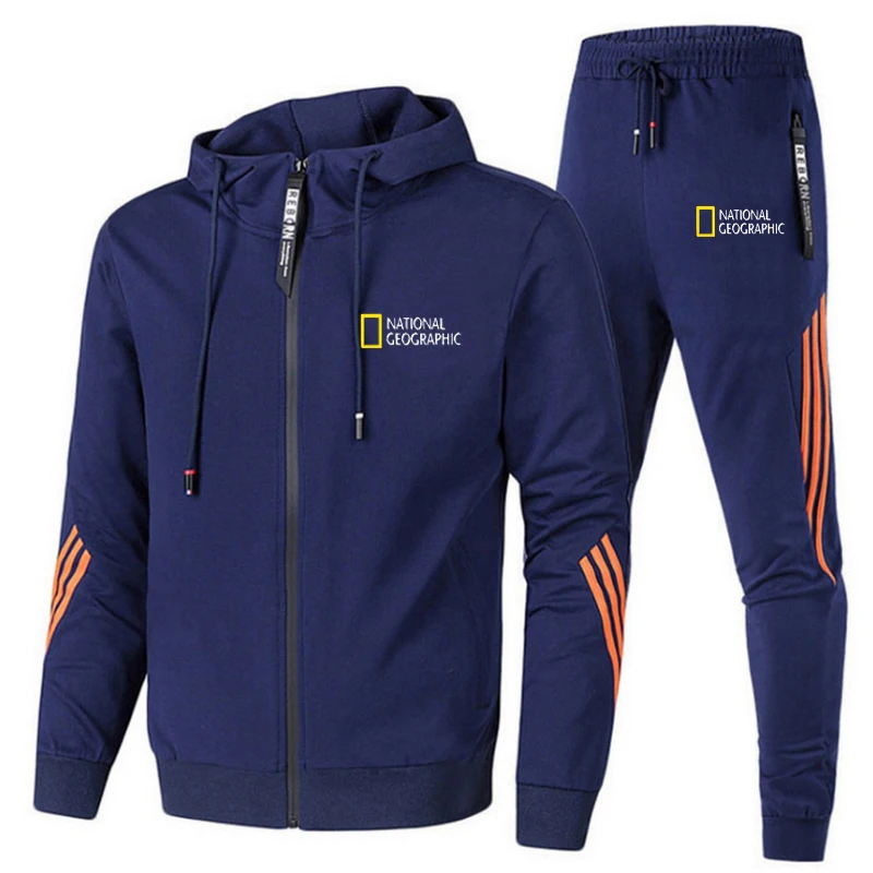 

National Geographic Men Fitness Sets Zipper Hoodie+Pants 2 Pieces Casual Tracksuit Male Sportswear Gym Brand Clothing Sweat Suit