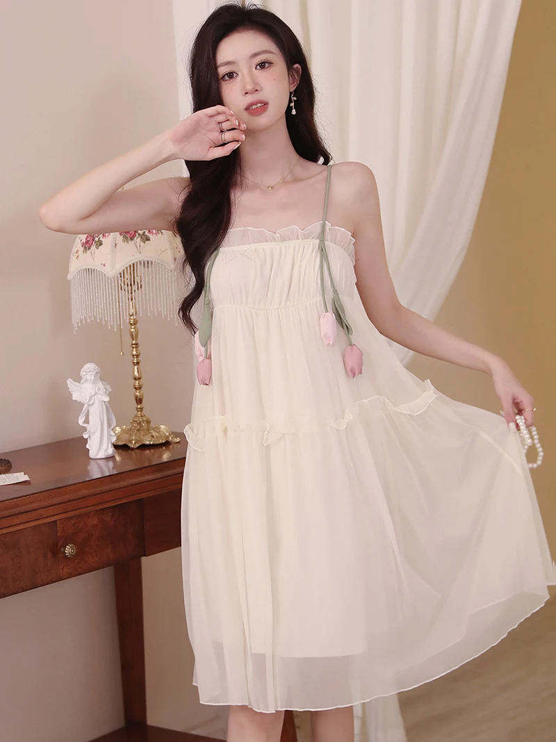 Women Summer Nightdress French Pure Mesh Nightgowns Pajama Lace Sexy Fairy Spaghetti Strap Sleepwear Ruffles Princess Homewear