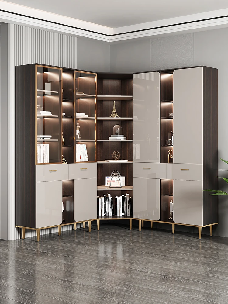 

Italian light luxury corner bookcase Modern simple integrated wall leaning study combined bookcase storage locker