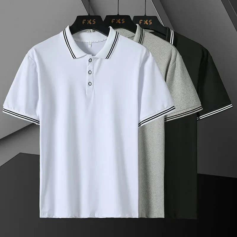 

British Retro Short Sleeve Men's Polo Shirt Solid Print Striped Polo Collar Button Versatile Casual Student T-shirt Slim Fit Top