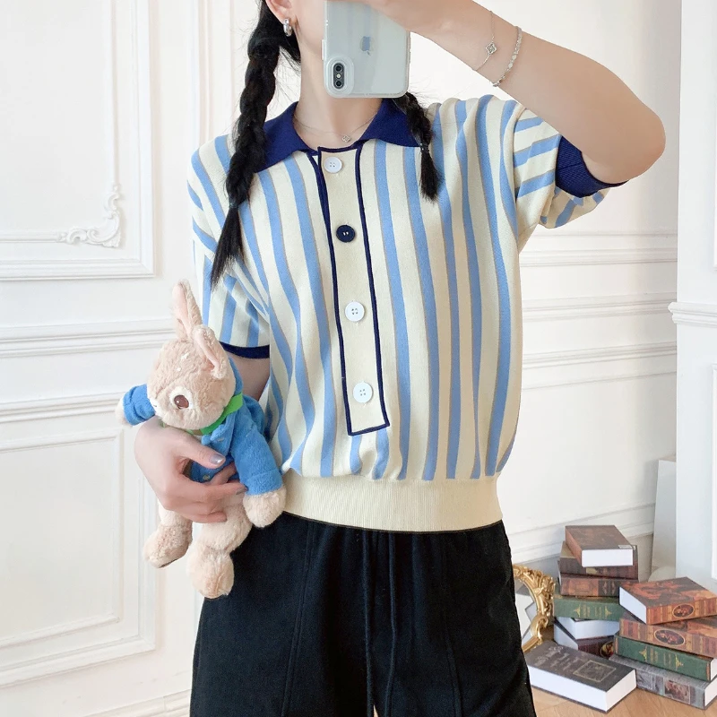 

Women's Polo Collar Striped Print Short Sleeve Knitwear 2022 New Ladies Contrast Color Loose Cropped Pullover Top