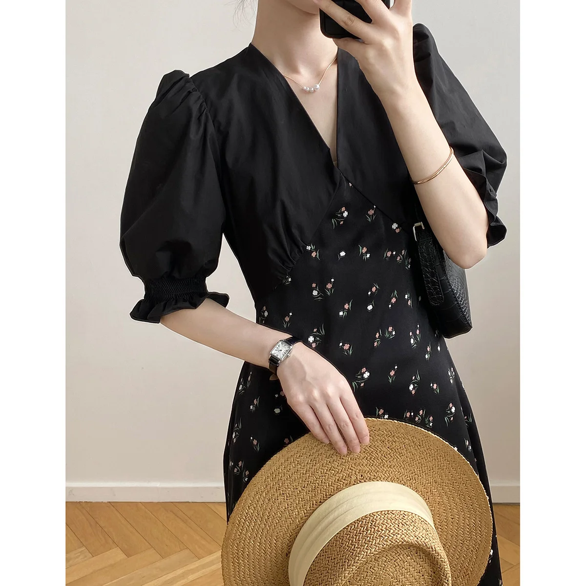 

Женское платье с рукавами-фонариками, длинное черное платье с V-образным вырезом и цветочным принтом, лето 2022