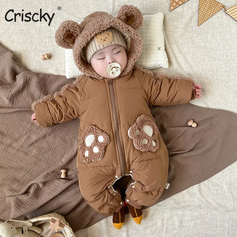 

Criscky 2022 Baby Girl Clothes Cute Plush Cartoon Baby Romper Comfortable Keep Warm Hooded Zipper Boys Romper Kids Clothes