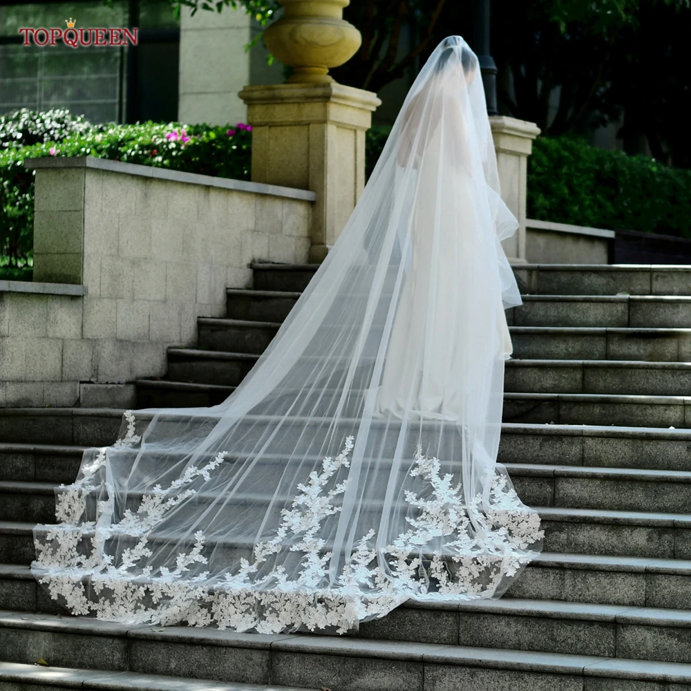 

TOPQUEEN V94 Bridal Veils Extra Long Royal Wedding Veil with Blusher Vine Lace Patch Wedding Cathedral Drop Veil with Lace Trim