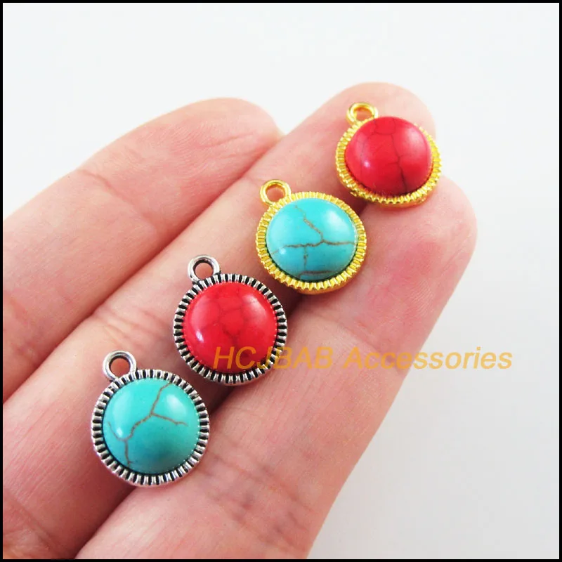 

Fashion 15Pcs Retro Gold Color Tibetan Silver Tone Round Blue&Red Stone Charms Pendants 12.5x15mm