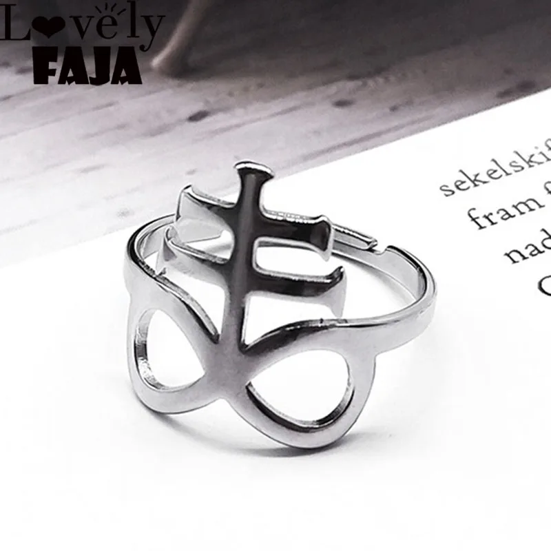 Satan Leviathan Cross Ring for Men Women Adjustable Stainless Steel Punk Goth Church of Satanic Symbol Kolye Finger Ring Jewelry
