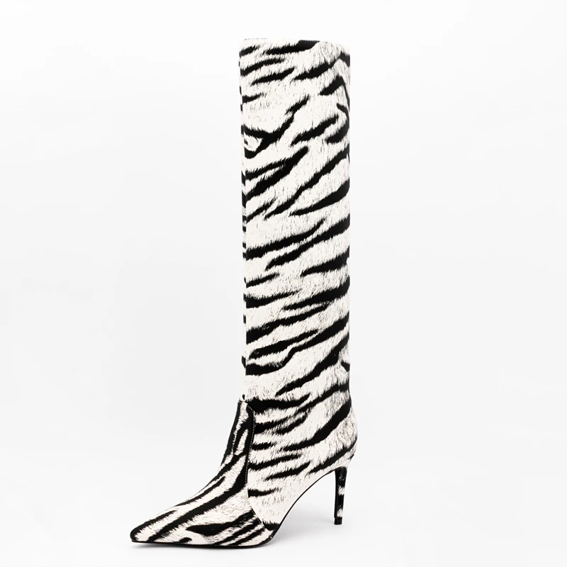 2022 New Design Pointy Toe Tiger Stripe High Heel Shoes Boots Sexy for Women Slip on Custom Big Size 47 Knee High Boots