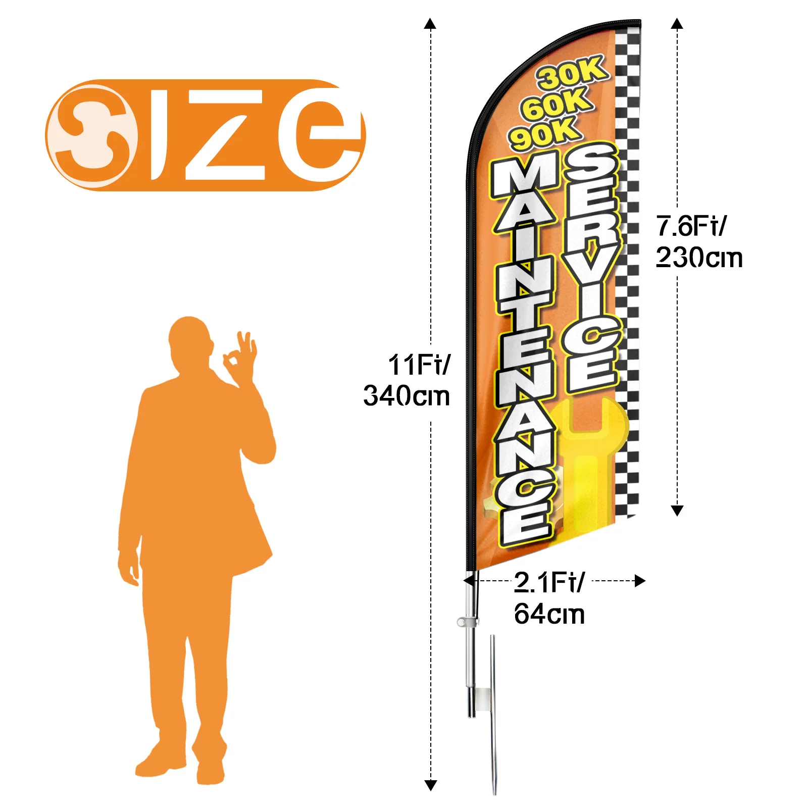 1 Piece Promotional Feather Flag Advertising Banner Maintenance Service 7.6Ft✖2.1Ft with Pole Kit and Ground Stake Carry Bag |