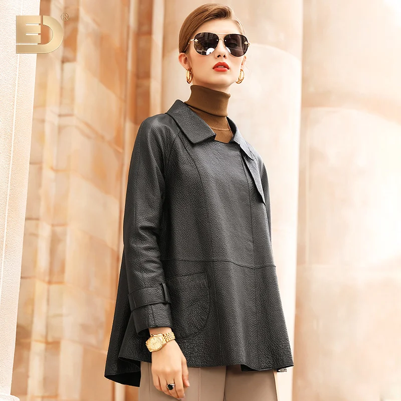 

Женское кожаное пальто средней длины, повседневное Свободное пальто из 100% натуральной овечьей кожи в Корейском стиле, осень 2023