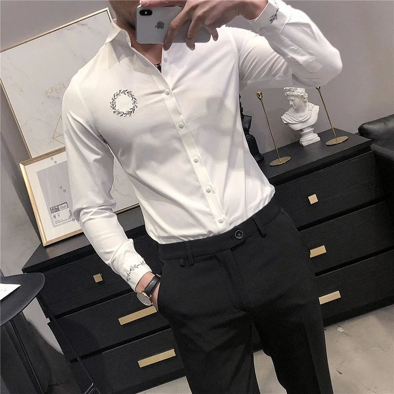 Men Brand Clothing Blouse Casual Business Solid Shirt Harmont Long Sleeve Blouses Fashion Embroidery Men's Shirts Size S-4XL