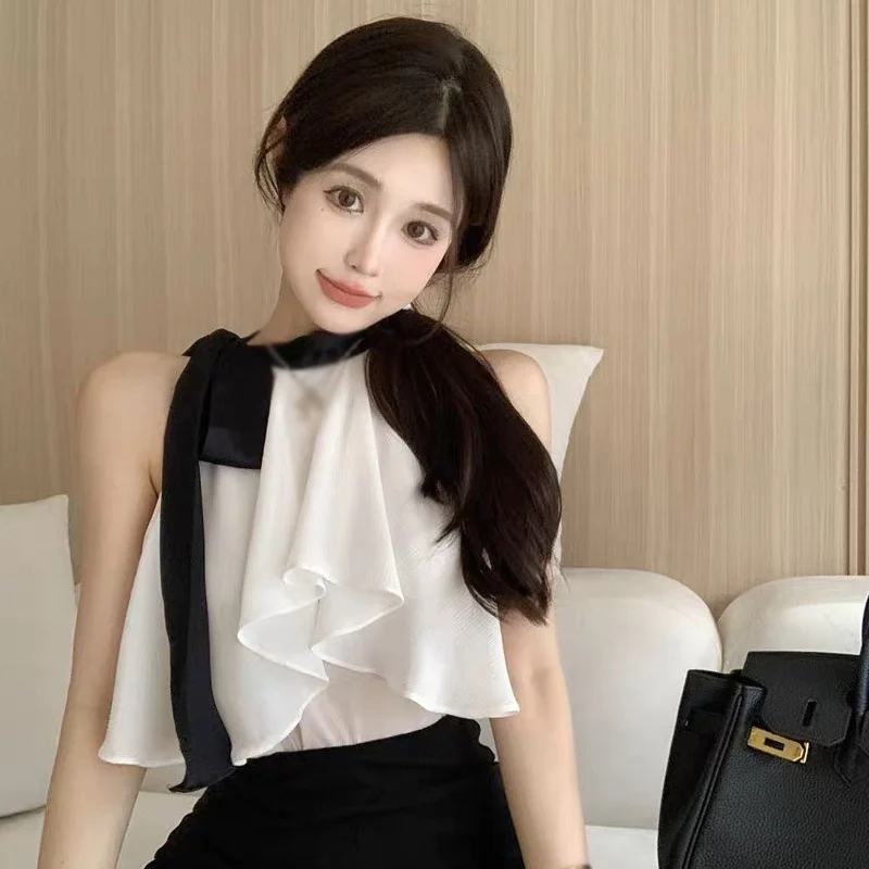 

Women's Shirt Top Sleeveless Uniqueness Patchwork Chiffon Temperament Blouse