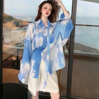 deeptown harajuku oversized women blouses vintage blue tie dye casual streetwear korean fashion long sleeve shirts retro loose